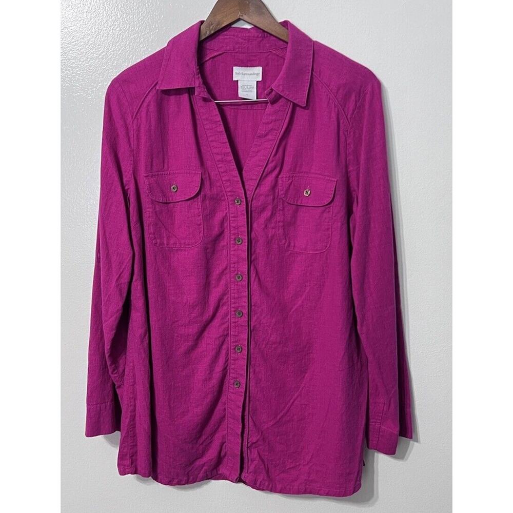 Soft Surroundings Pink Linen‎ Medium Shirt Button Up Collared V-neck Roll Tab